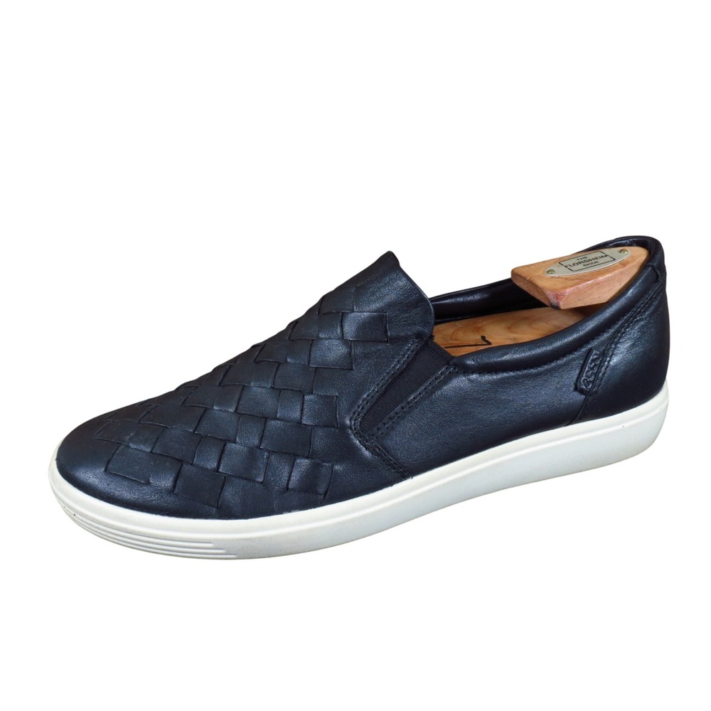 ECCO Soft 7 Women Slip On Sneaker Size 41 Woven Walking Shoe Black Leather